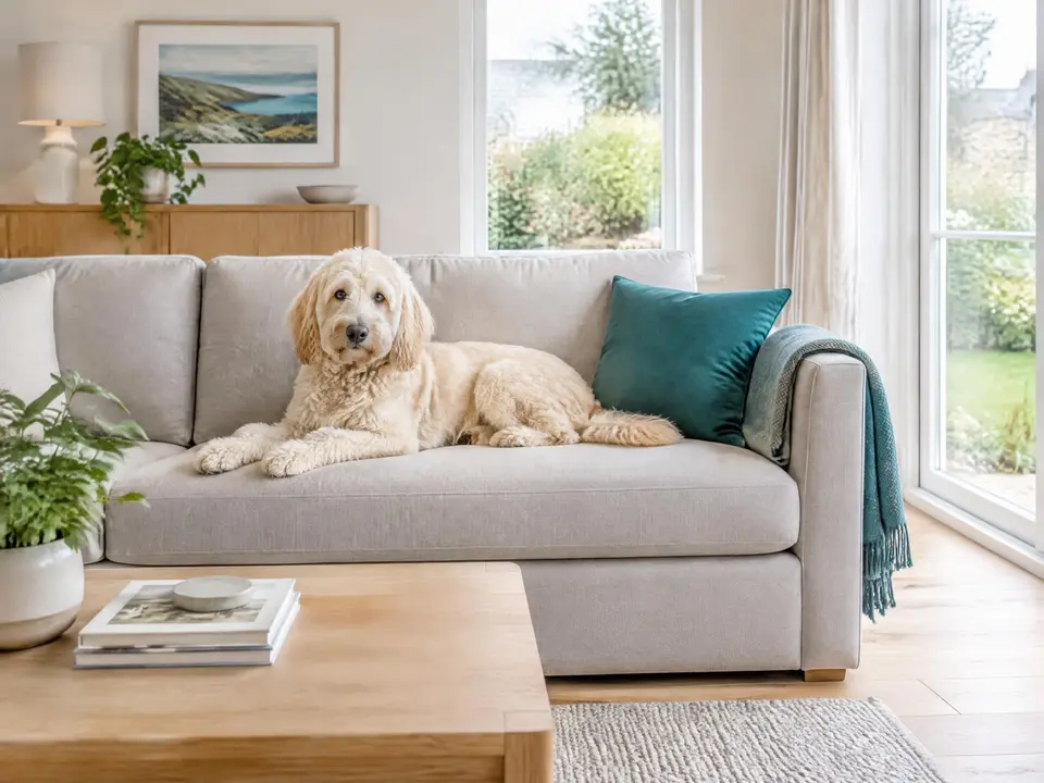 A freshly groomed cream doodle resting on a sofa in a bright living room